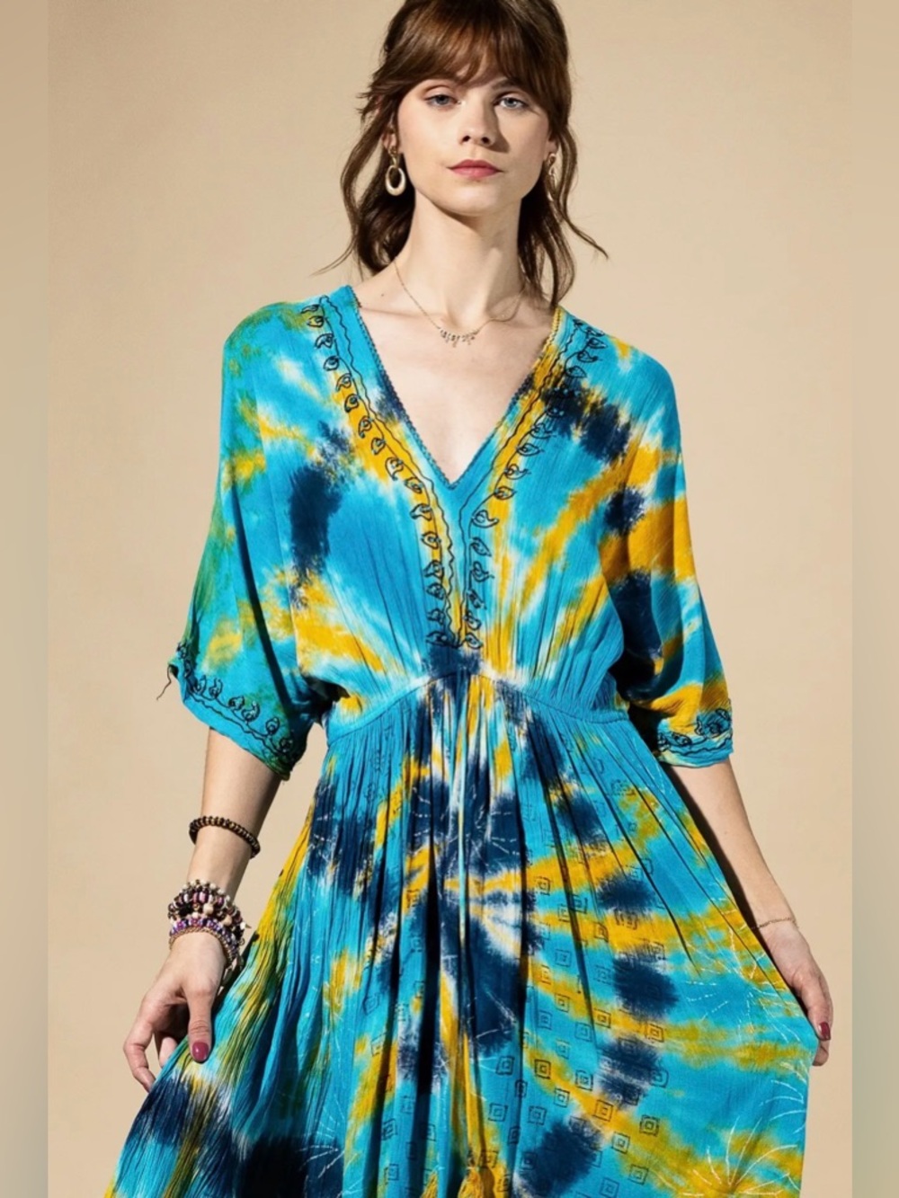 Golden River V-Neck Tie-Dye Rayon Midi Dress in Turquoise and Yellow - Picture 2 of 3